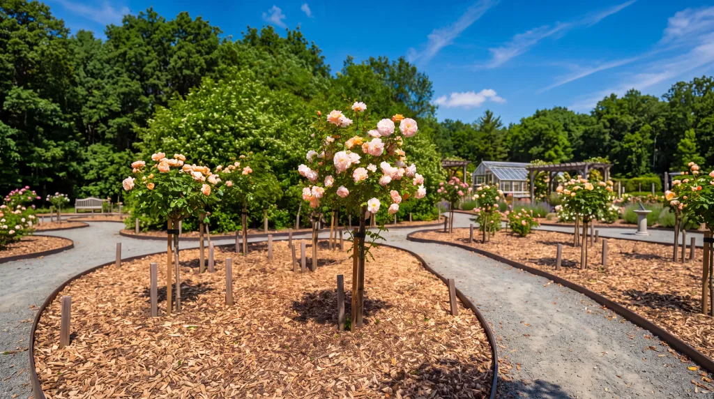 Communal Garden memorial area with a flowering rose tree in beautifully landscaped surroundings at GreenAcres.