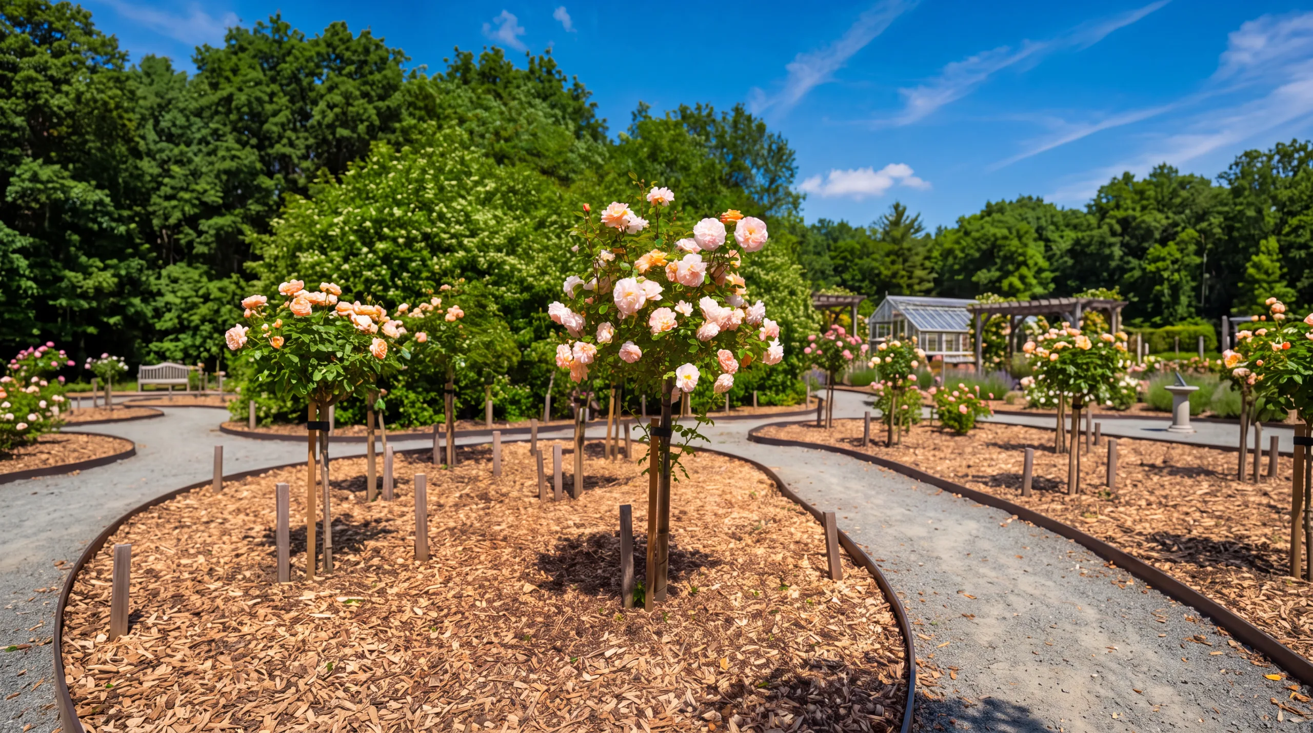 Communal Garden memorial area with a flowering rose tree in beautifully landscaped surroundings at GreenAcres.